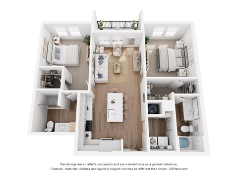 A 3D floor plan of a small apartment with a kitchen, living room, and two bedrooms.